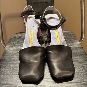 Lisa Nading Elegant Black Leather Heels with Ankle Strap